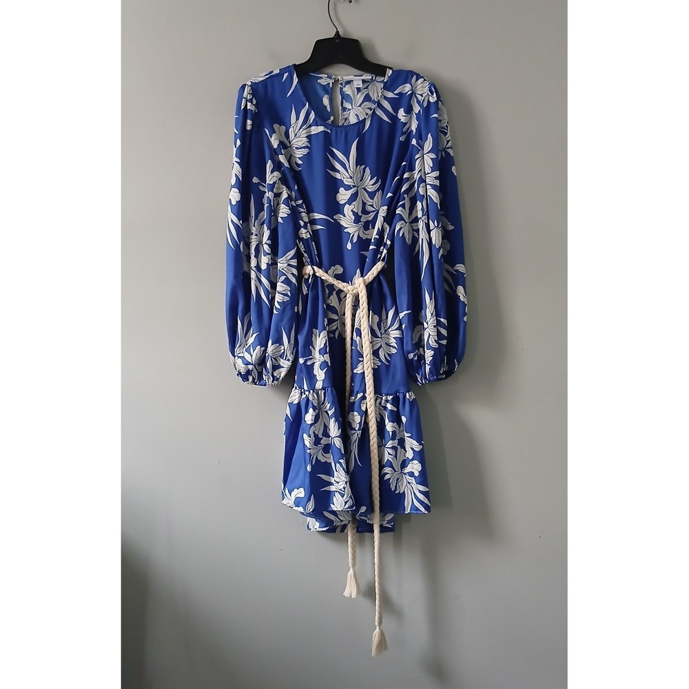 Alexis Size 1x Womens Mini Dress Rope Belt‎ Ruffle Hem Long Sleeve Floral Blue